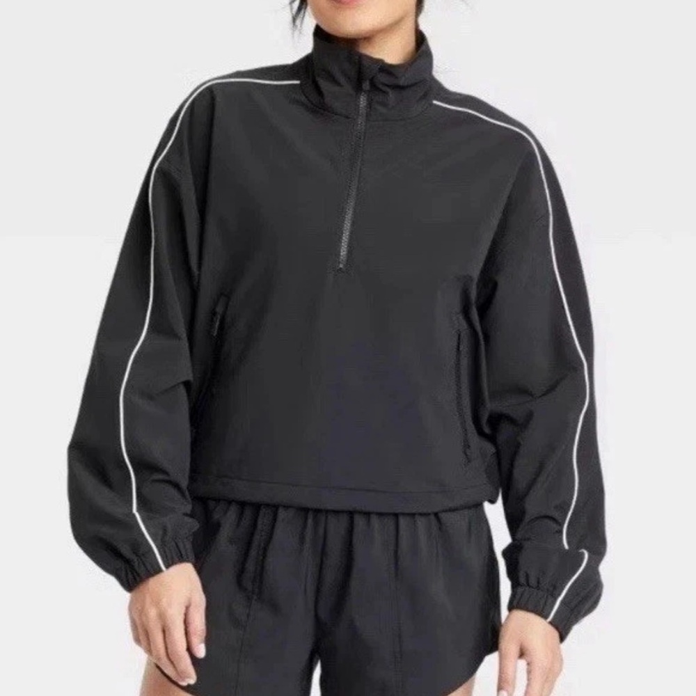 WOMEN’S PIPED HALF-ZIP WINDBREAKER JACKET-ALL IN MOTION BLACK SIZE XL